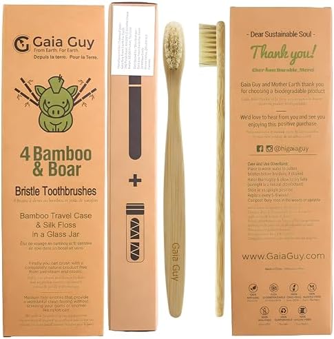 Gaia Guy Bamboo and Boar Bristle Toothbrush (4 Pack) + Travel Case & Silk Dental Floss | 100% Compostable Bristles and Floss | Eco-Friendly Dental Set | Biodegradable & Compostable Wooden Toothbrushes
