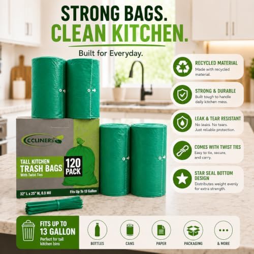 Tall Kitchen Trash Bags 13 Gallon (120 Bags) Medium Green Garbage Bag 55 Liter Can Liners Portable Camping Toilet Bags (120 count)