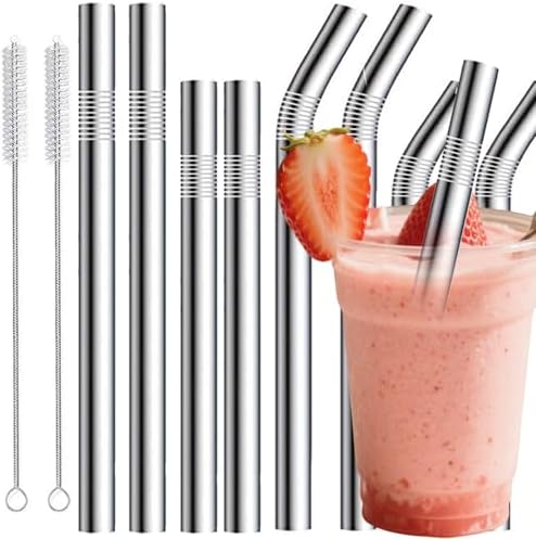 Stainless Steel Smoothie Straws, 0.4'' Extra Wide Reusable Metal Drinking Straws for Milkshake, Smoothie, Beverage, Set of 8 with 2 Cleaning Brush