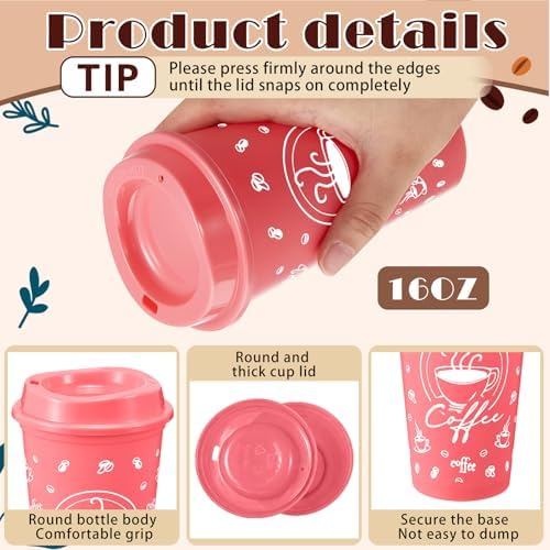 12 Sets Reusable Coffee Cups with Lids, 16oz, Pink Series