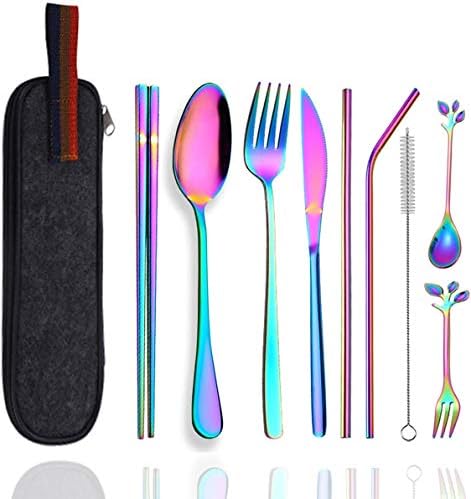 Travel Utensils Set with Case Reusable Stainless Steel Silverware Flatware Set 9 Pcs Portable Cutlery Eating Utensils Set for Lunch Boxes Workplace Camping School, Dishwasher Safe (Multi)