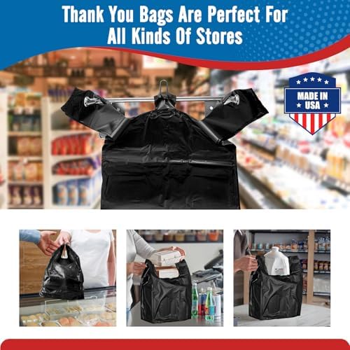 Fuxury 1000 Count Black Plastic Grocery Shopping T-shirt Bags with Handles