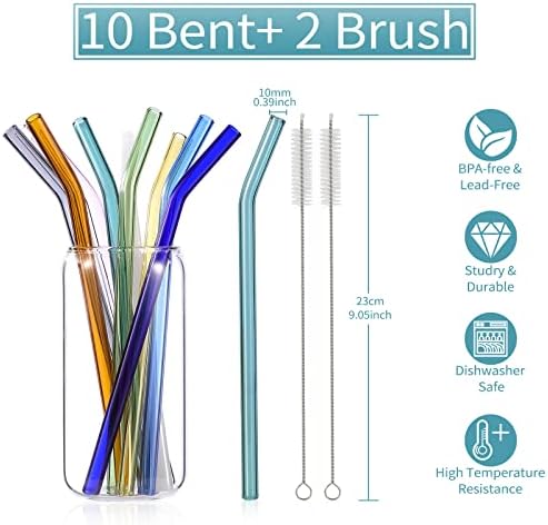 10 Pcs Reusable Bent Glass Drinking Straws,9''x10 mm Colorful Glass Straws