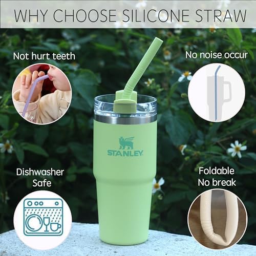 Stanley Cup Accessories 14” Extra Long Silicone Reusable Replacement Drinking Straws for 40 oz Quencher Tumbler,Wine Bottle-Blue Iris,Green Citron,Charcoal,Light Brown With Bendable Brush