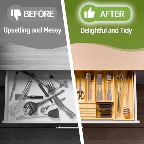 Bamboo Kitchen Silverware Drawer Organizer - Expandable Wood Utensil Holder with Dividers, Luxury Cutlery Storage Tray for Kitchen Utensil and Flatware (5-7 Slots with Removable Knife Block, Natural)