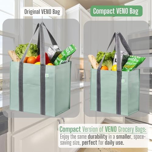 VENO 2/4 Pack Compact Reusable Grocery Shopping Bags with Hard Bottom