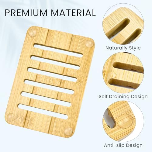 Bar Soap Holder, 2 Pack Self Draining Bamboo Sponge Holder - Curved Surface Slotted Soap Dish for Shower, Bathroom, Bathtub, Sink, RV, Packed in A Case(Bamboo Style)
