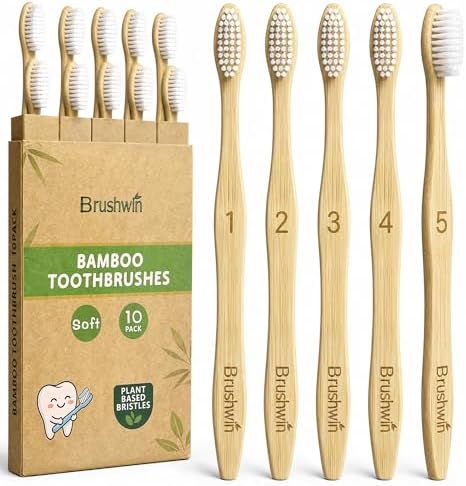 10 Pack Plastic Free Bamboo Toothbrush, Plant-Based Soft Bristle Biodegradable Eco-Friendly Wooden Toothbrushes for Adults and Family