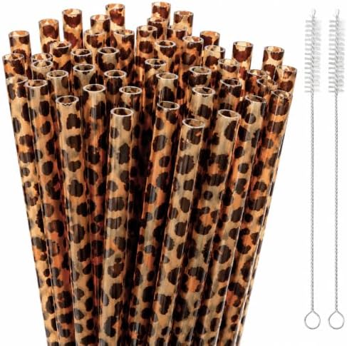 50 Pcs Reusable Leopard Straws, Plastic Cheetah Animal Straws and Cleaning Brush for Women Tumblers Drinking Safari Wild Birthday Party