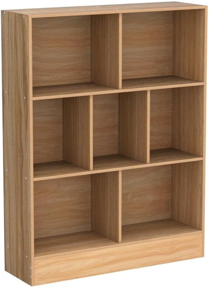 LEYAOYAO 7 Cube Bookshelf with Base,3 Tier Mid-Century Modern Natural Bookcase,Standing Wide Bookshelves Storage Organizer Shelf,Rustic Wood Display Cabinet Book Shelves for Bedroom,Living Room,Office