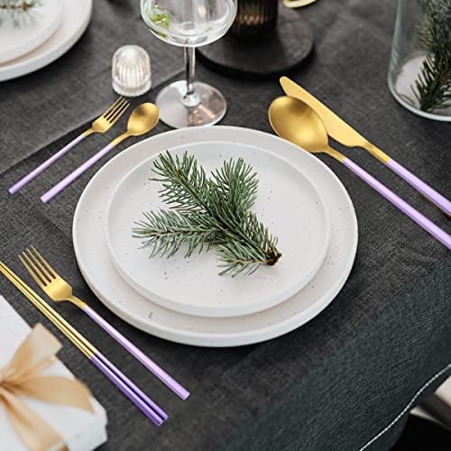 AARainbow 8 Pieces Stainless Steel Flatware Set Portable Reusable Cutlery Set Travel Utensils Set Including Chopsticks Knife Fork Spoon Straws Cleaning Brush Dishwasher Safe (B-Purple Golden)