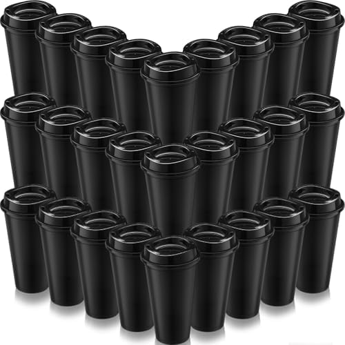 Honeydak 45 Pack 16 oz Reusable Coffee Cups with Lids Water Bottle Iced Coffee Travel Mug Reusable Portable Plastic Tea Tumblers Bulk for Hot and Cold Drinks Birthdays Party(Classic,Black)