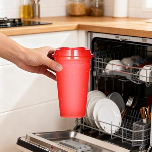 16oz Reusable Plastic Coffee Cups with Lids, 13 Pack