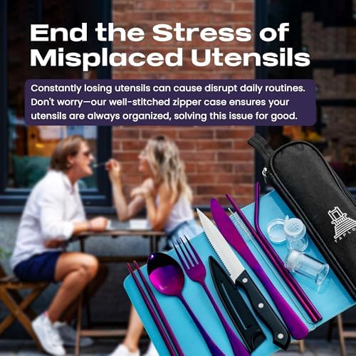 Taplord Portable Travel Silverware Set With Case, Includes 10 Pcs of Travel Utensils With Case, Stainless Steel Flatware Set For Camping, Lightweight (Purple)