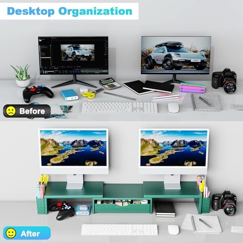 Spacrea Metal Desk Organizers and Accessories, Dual Monitor Stand Riser with Drawer and 2 Pen Holders, Desk Accessories & Workspace Desktop Organizers for Office Supplies (Dark Gree)