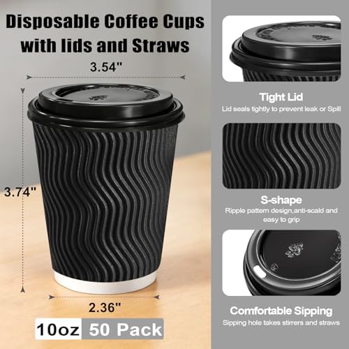 Lamosi 50 Pack 10 oz Coffee Cups with Lids, Disposable To Go Paper Cups