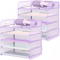 2 Pack Letter Tray Paper Organizer 5-Tier Desk Organizer File Organizer Paper Holder with Handle, Metal Desktop Document Shelf Tray Office Classroom Organization - Purple
