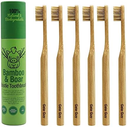 Gaia Guy Natural Bristle Bamboo Toothbrush (NO Nylon - Boar Hair ONLY) - Totally Compostable & Biodegradable Boar Bristle and Bamboo Toothbrushes - Zero Waste - 6-Pack