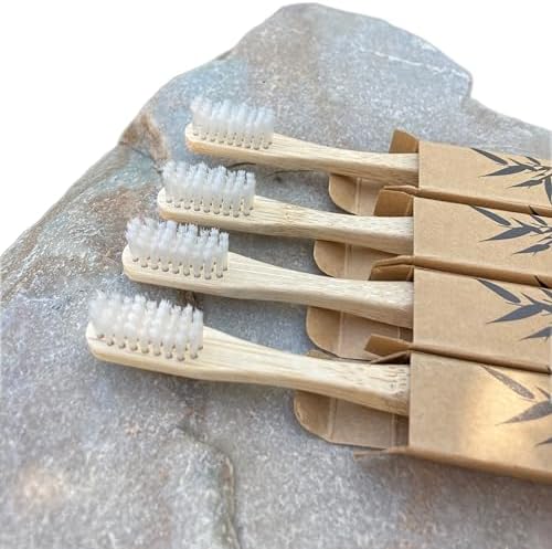 Adult Natural Bristle Toothbrush [4-Pack], Castor Bristles, 100% Biodegradable, Plant Based Bristles and Bamboo Handle