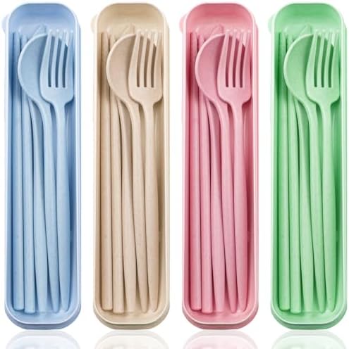 ELANE 4 Sets Reusable Travel Utensils Set with Case,Camping Cutlery Set Reusable Cutlery Set with Case,Utensil Sets for Lunch Picnic Daily Use Outdoor