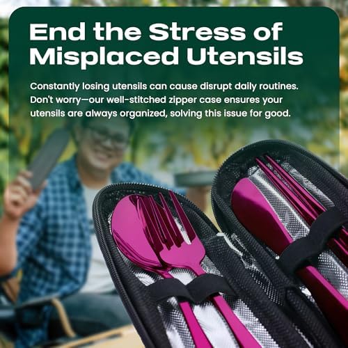 Taplord Portable Travel Silverware Set With Case, Includes 5 Pcs of Travel Utensils With Case, Stainless Steel Flatware Set For Camping, Easy to Travel, Lightweight (Purple), Medium, TL-05P