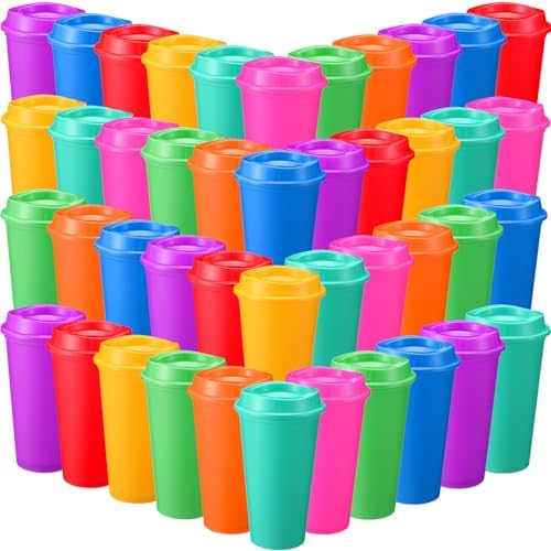 Honeydak 45 Pack 16 oz Reusable Coffee Cups with Lids Water Bottle Iced Coffee Travel Mug Reusable Portable Plastic Tea Tumblers Bulk for Hot and Cold Drinks Birthdays Party (Classic,Rich Colors)