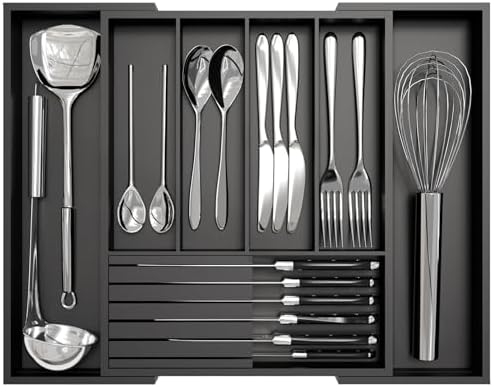 Bamboo Kitchen Silverware Drawer Organizer - Expandable Wood Utensil Holder with Dividers, Luxury Cutlery Storage Tray for Kitchen Utensil and Flatware (5-7 Slots with Removable Knife Block, Black)