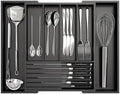 Bamboo Kitchen Silverware Drawer Organizer - Expandable Wood Utensil Holder with Dividers, Luxury Cutlery Storage Tray for Kitchen Utensil and Flatware (5-7 Slots with Removable Knife Block, Black)