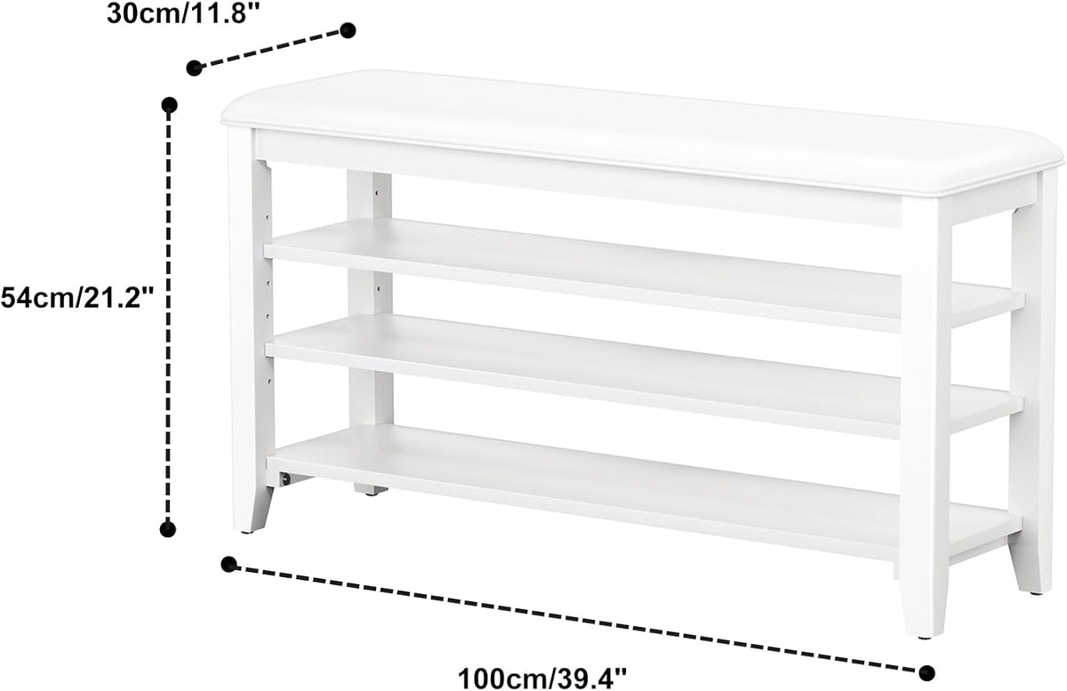 Shoe Rack Bench Entryway Storage with Leather Cushion, Shoe Organizer Bench for Entryway, Ideal for Front Doors Entrances Hallway Mudroom Featuring Rubberwood And 3 Height-Adjustable Removable Shelve