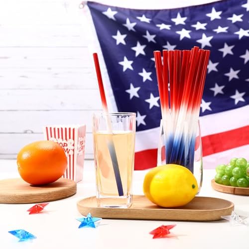 JANYUN 30 Pcs 4th of July Straws, Reusable Plastic Patriotic Straw
