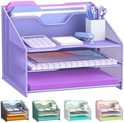 Samstar Purple Desk File Organizer, Mesh Letter File Folder Holder with 3 Paper Trays and 2 Vertical Upright Section, for Office Supplies, Desk Accessories & Workspace, Purple
