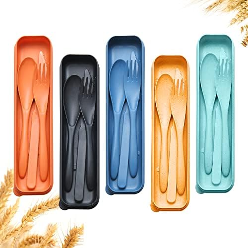 YDYTOP Reusable Travel Utensils Set with Case, 5 Sets Wheat Straw Knife Fork Spoon Cutlery, Portable Plastic Silverware for Kids and Adults, School Lunch, Party, Picnic and Camping