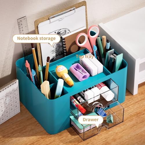 Marbrasse Pen Organizer with 2 Drawer, Multi-Functional Pencil Holder for Desk, Desk Organizers and Accessories with 5 Compartments + Drawer for Office Art Supplies (Dark Green)