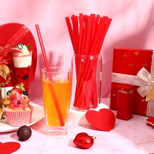 JANYUN 30 Pcs Red Heart Shaped Straws, Reusable Valentines Plastic Straw