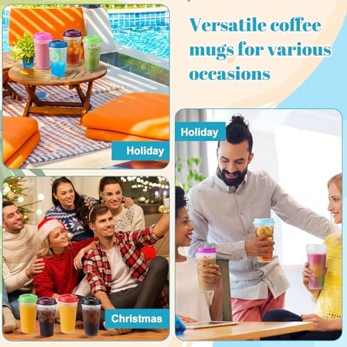 Honeydak 45 Pack 16 oz Reusable Coffee Cups with Lids Water Bottle Iced Coffee Travel Mug Portable Plastic Tea Tumblers Bulk for Hot and Cold Drinks Birthdays Party (Clear with Colors Lid,Classic)