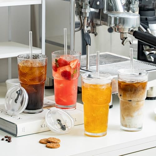 SoulTimes 20oz Wave Ribbed Glass Tumbler with Lid and Straw – Iced Coffee Glasses Cups for Smoothie, Matcha, Juice, Water etc. Leakproof and Reusable Glassware Drinking for Daily & Travel To Go [2Pcs]