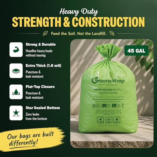 40-45 Gallon Compostable Trash Bags with Flat Top, 20 Count, Heavy Duty 1.6 Mil, Large Commercial Industrial Outdoor Contractor Bags, BPI Certified, ASTM D6400, Fits 40 45 Gal