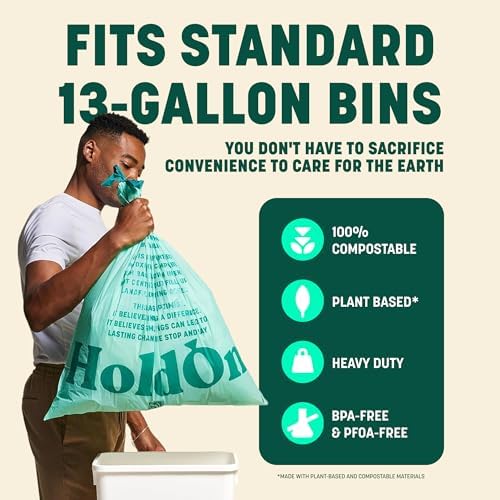 HoldOn Compostable Tall Kitchen Drawstring Bags - 13 Gallon, 40 Count