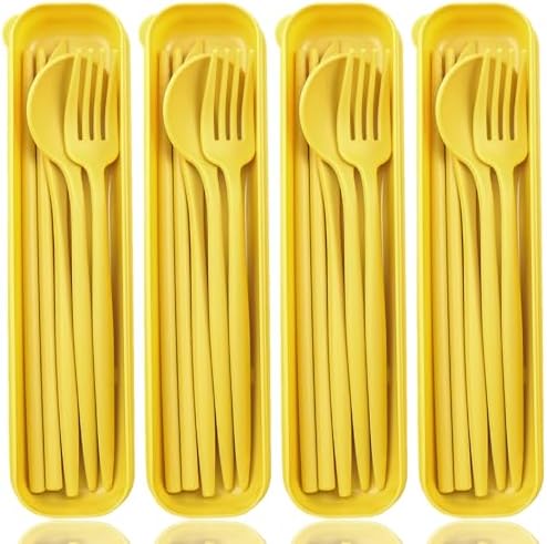 ELANE 4 Sets Reusable Travel Utensils Set with Case,Camping Cutlery Set Reusable Cutlery Set with Case,Utensil Sets for Lunch Picnic Daily Use Outdoor (yellow)