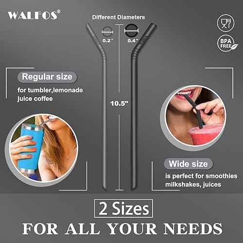 Walfos Silicone Straws - Reusable straws Bendy straws for Smoothies/20 & 30 oz Tumblers, BPA Free. 2 Size (3pcs Wide S + 3 pcs Regular + 2 Cleaning Brushes）