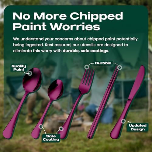 Taplord Portable Travel Silverware Set With Case, Includes 5 Pcs of Travel Utensils With Case, Stainless Steel Flatware Set For Camping, Easy to Travel, Lightweight (Purple), Medium, TL-05P