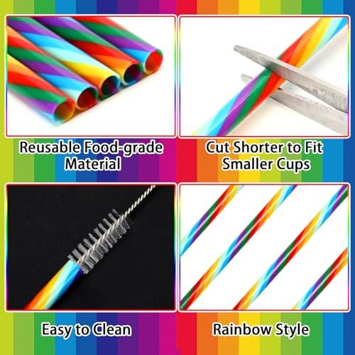 JANYUN 30 Pieces Rainbow Drinking Straws, 9inch Hard Platic Reusable Straws LGBT Gay Pride Colorful Rainbow Striped Straw for Pride Party Favors Decorations with Cleaning Brush