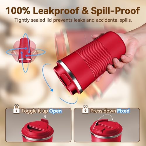 12OZ Travel Coffee Mug Insulated Coffee Cup with Spill Leak Proof Lid, Portable Stainless Steel Tumbler Reusable Hot and Cold Water Mug for Car, Daily, Camping- Red