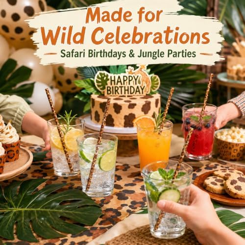 50 Pcs Reusable Leopard Straws, Plastic Cheetah Animal Straws and Cleaning Brush for Women Tumblers Drinking Safari Wild Birthday Party