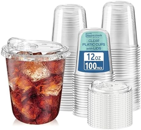 Homestockplus 100 Pack 12 oz BPA-Free Clear Plastic Cups with Sip Lids - Leak-Proof Round Bottom Disposable Iced Coffee Cups for Kids, To-Go Drinks, Smoothies, Juice & Small Portion Cold Beverages