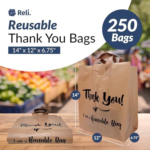 Reli. Reusable Plastic Shopping Bags, 250 Pack, 2 Mil Brown Grocery Bags