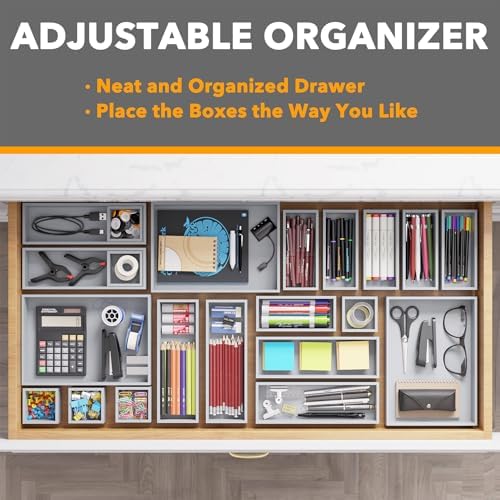 SpaceAid 21-Piece Bamboo Drawer Organizer Storage Boxes Set, Wood Tray Junk Drawer Organizers Multi-Use Divider Bins for Kitchen, Bathroom, Office Desk and Makeup Organization (21 Pack, Gray)