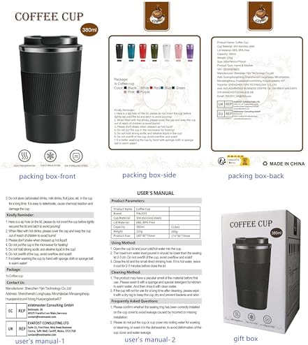 YINJOYI 12oz Travel Coffee Cups Insulated Tumbler Thermal Mug to Go with Lid Leak Proof Reusable Stainless Steel Coffee Mug Spill Proof for Hot and Iced Cold Drinks (Blue, 380ml)