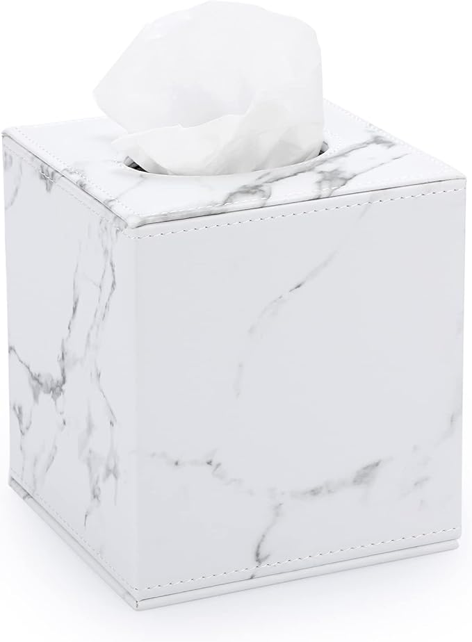 Sumnacon Square Leather Tissue Box Cover - Stylish Cube Tissue Box Holder with Magnetic Bottom, Decorative PU Tissue Box for Vanity Dresser Night Stand Table Countertop Home Office Car, Marble White
