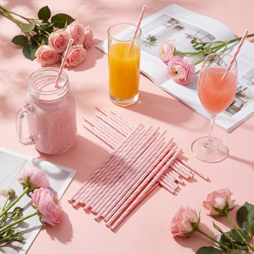 Honeydak 50 Pcs Reusable Plastic Straws Bulk,Pink and White Striped